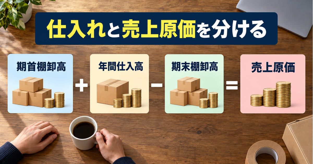 期首棚卸高に年間仕入高を足し、期末棚卸高を引いて売上原価を求める関係を示す