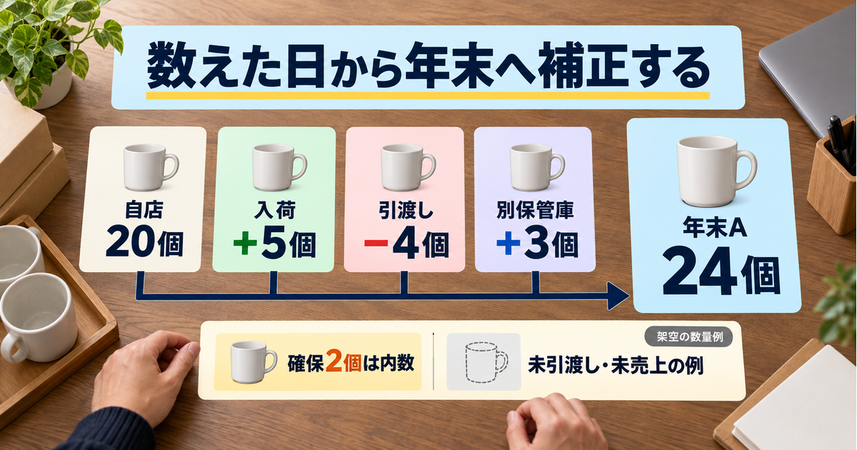 架空例の自店20個に入荷5個を足し、引渡し済み4個を引き、別保管庫3個を加えて年末A24個にする。未引渡し・未売上の確保2個は内数として追加減算しない