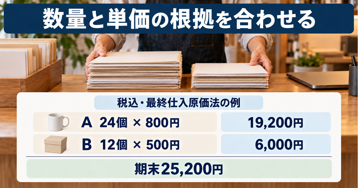 税込経理・最終仕入原価法の例でA24個と800円、B12個と500円からそれぞれ評価し、期末棚卸高25,200円を計算する