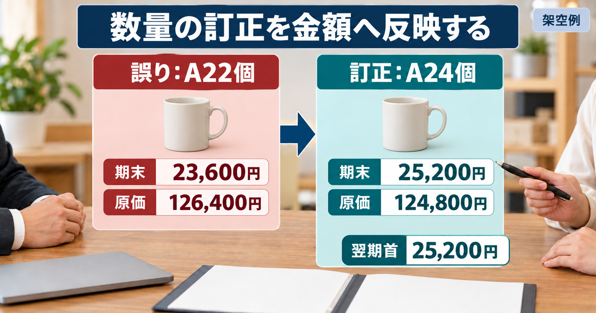 A22個の誤集計と24個への訂正で期末棚卸高と売上原価が変わり、訂正後の期末25,200円を翌期首へ引き継ぐ