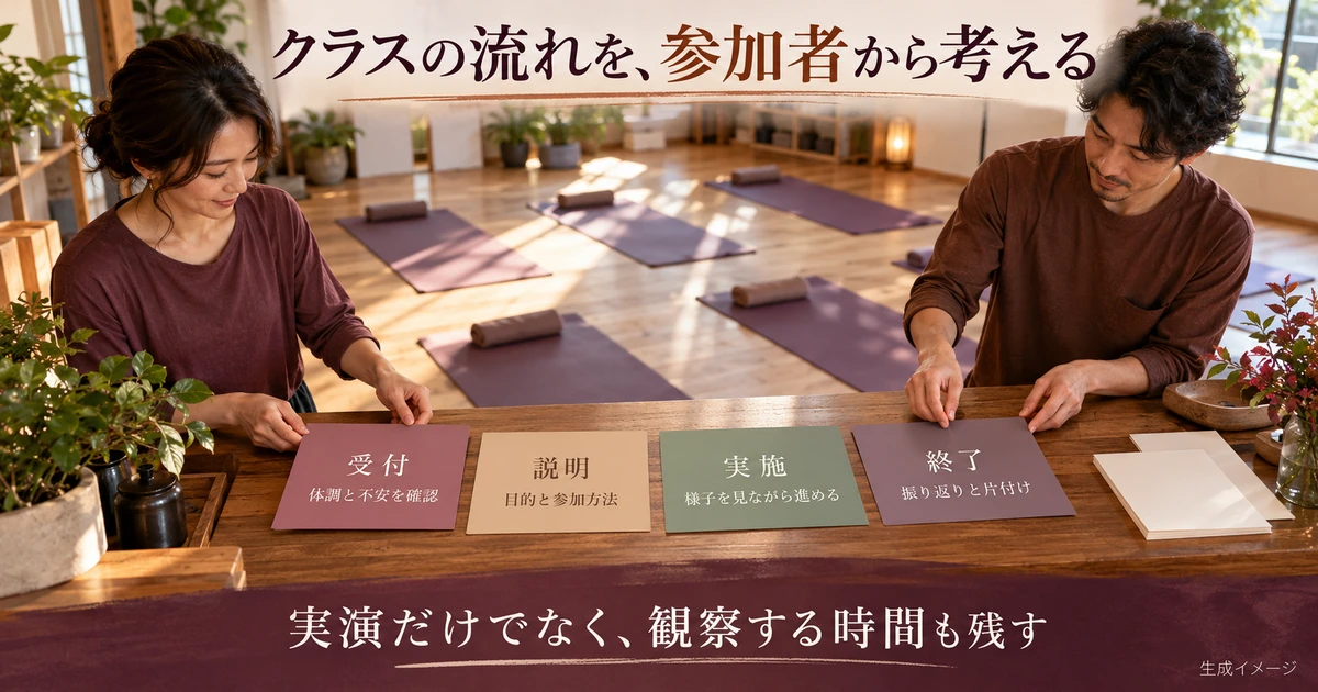 受付から説明、実施、終了までのクラス運営を整理する図