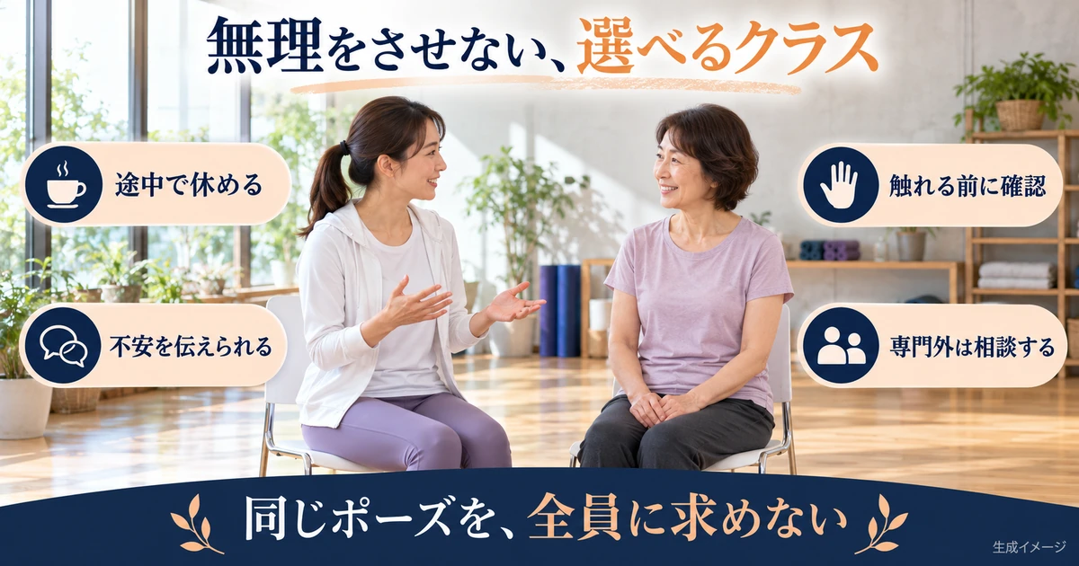 途中で休む選択と身体に触れる前の確認を伝える図