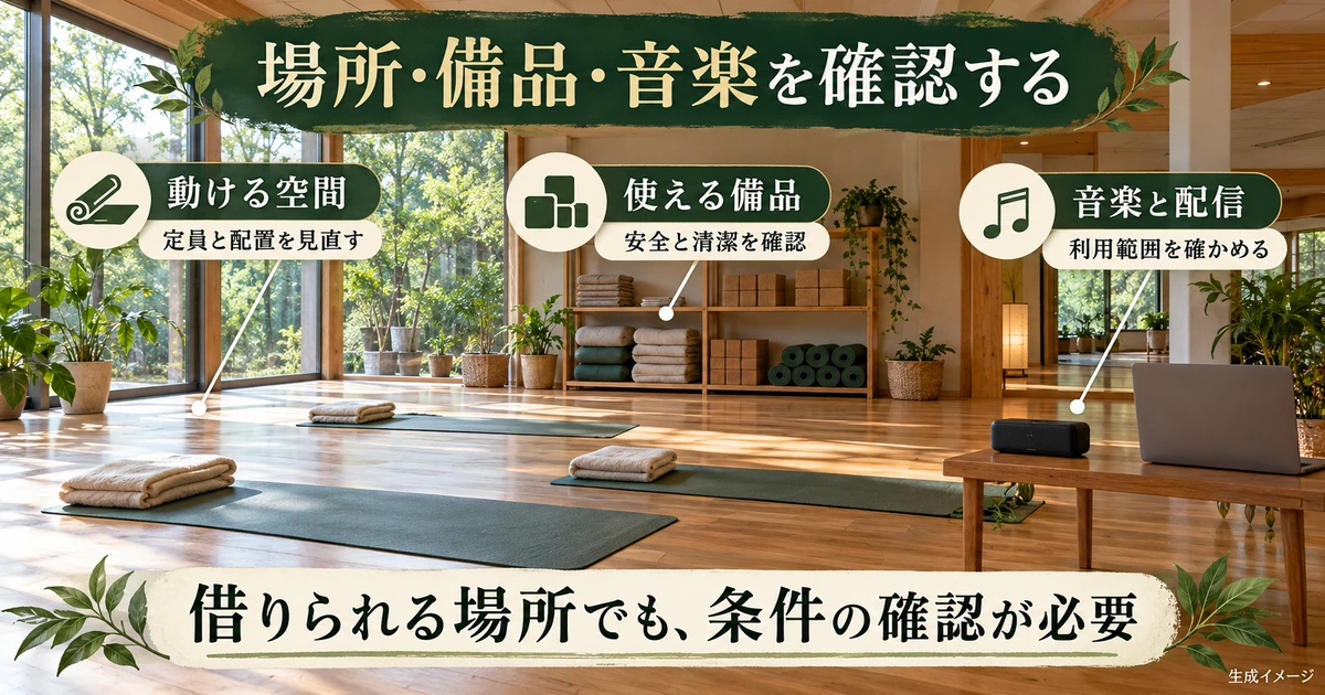 会場の動線、備品と音楽利用の条件を確認する図